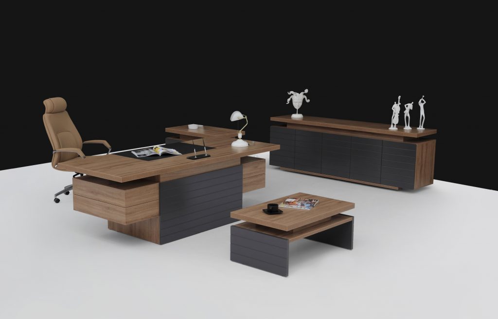 Bureau Simple Gris Anthracite Laqué – 120x41 Cm – Neuf (détail) – 2 Tiroirs